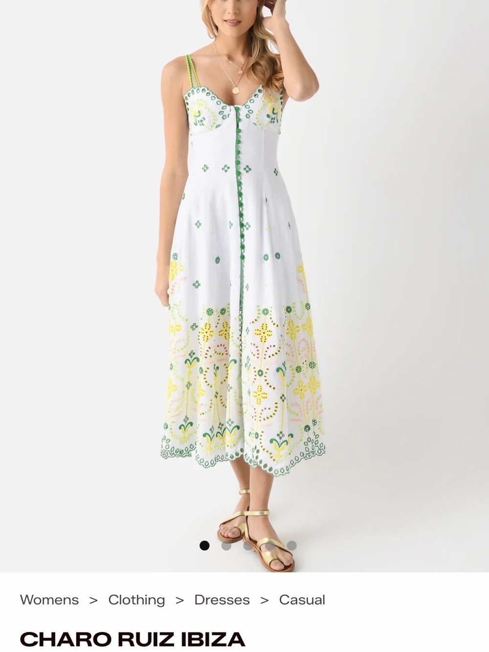 Charo Ruiz White Midi Dress with Green and Yellow Embroidery XS - Picture 3 of 8